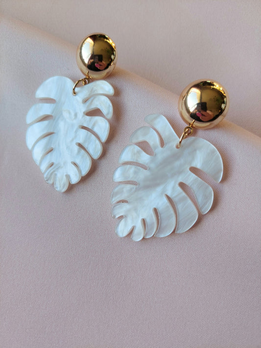 White Monstera Earrings