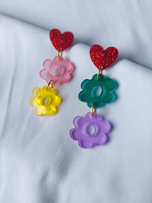 Glitter Hearts and Flower Earrings