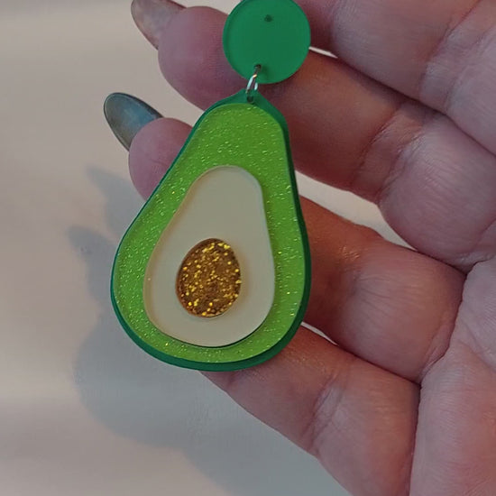 Avocado earrings. Green, yellow and gold glitter. Silver stud backings. 