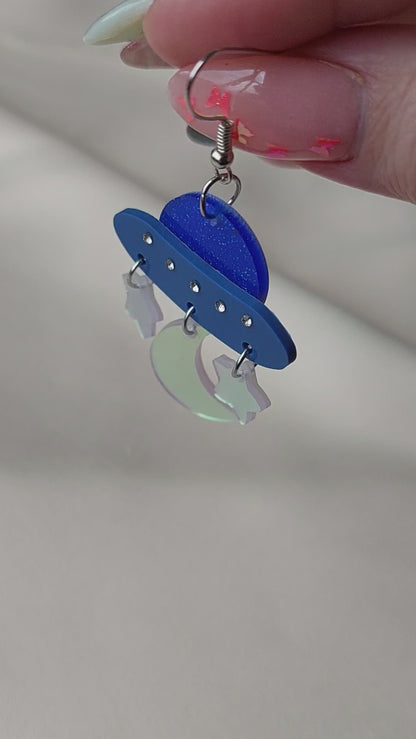 Blue iridescent space ship, moon and star earrings. Silver hooks.